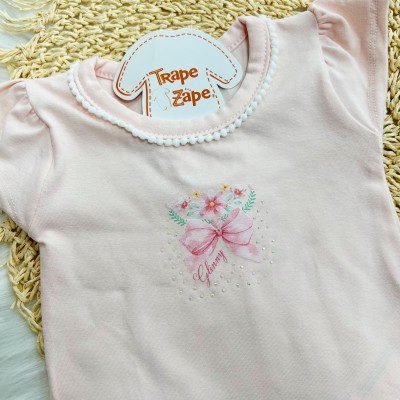 Conj. Blusa Lacinho e Short Saia Floral - Rosa